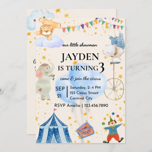 Editable Circus Birthday Invitation for Boys&Girls Einladung (Vorne/Hinten)
