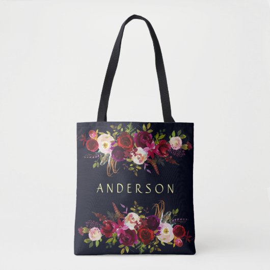 EDITABLE COLOR Navy Burgundy Rustic Boho Floral Tasche (Vorderseite)
