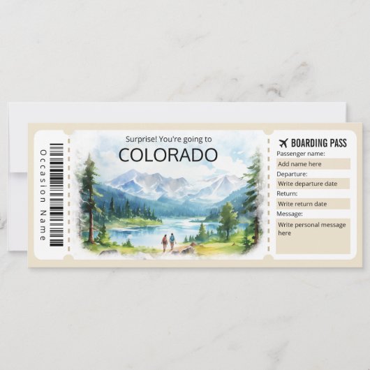Editable Colorado Flugzeug Ticket, Colorado Trip Einladung (Vorderseite)