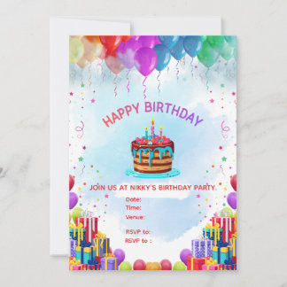 Editable Colorful Happy Birthday Invitation Card Feiertagskarte