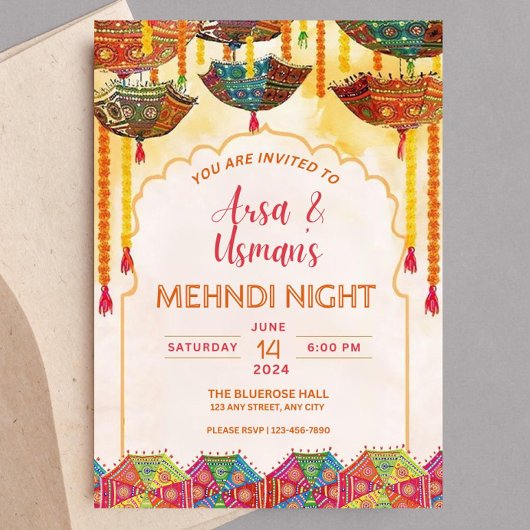 Editable Colorful Mehndi Orange Umbrella Haldi Dho Einladung