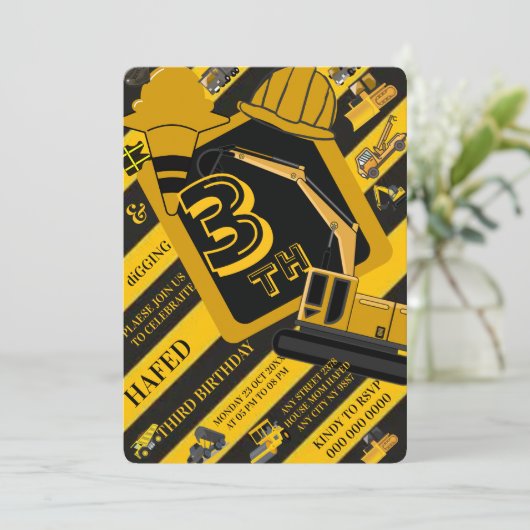 Editable Construction 3rd Birthday Invasion, Min. Einladung (Stehend Vorderseite)