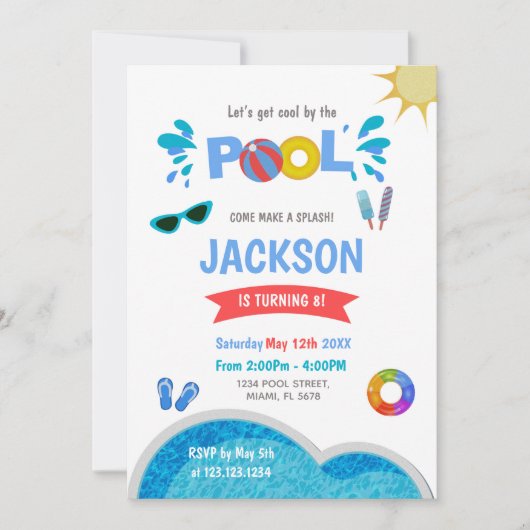 Editable Cool Summer Swim Party laden ein Einladung (Vorderseite)