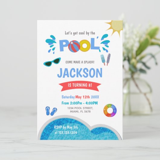 Editable Cool Summer Swim Party laden ein Einladung (Stehend Vorderseite)