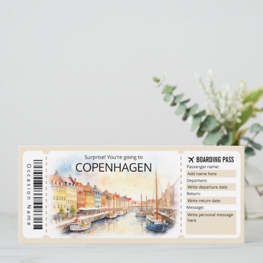 Editable Copenhagen Flugzeug Ticket, Dänemark Trip Einladung (Stehend Vorderseite)