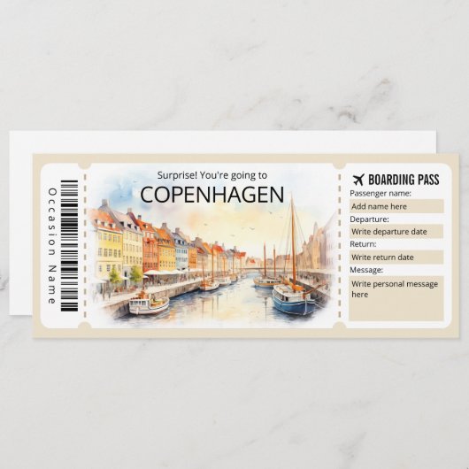 Editable Copenhagen Flugzeug Ticket, Dänemark Trip Einladung (Vorne/Hinten)