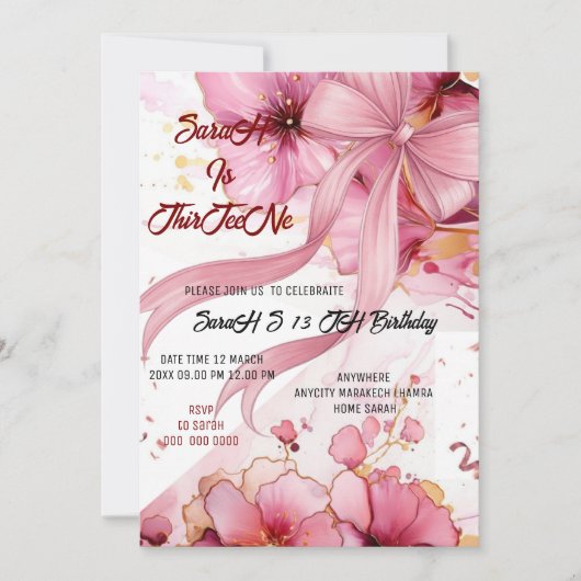 Editable Coquette Pink Bow Birthday Invitation, Pi Einladung (Vorderseite)