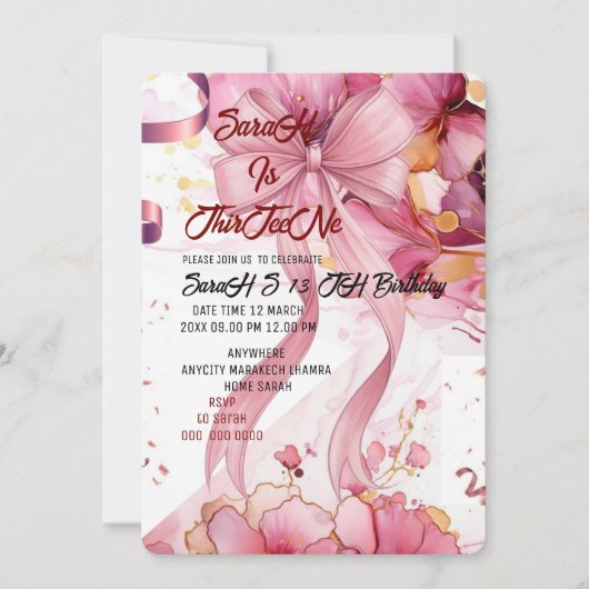 Editable Coquette Pink Bow Birthday Invitation, Pi Einladung (Vorderseite)