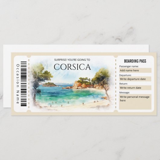 Editable Corsica Flugzeug Boarding Ticket Einladung (Vorne/Hinten)