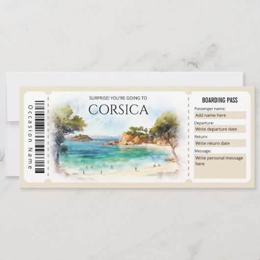 Editable Corsica Flugzeug Boarding Ticket Einladung (Vorderseite)