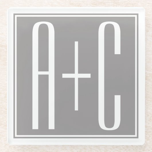 Editable Couples Initials | Weiß & Grau Glasuntersetzer (Vorderseite)