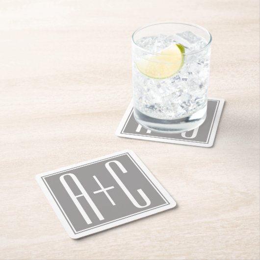 Editable Couples Initials | Weiß & Grau Rechteckiger Pappuntersetzer (Vor Ort)