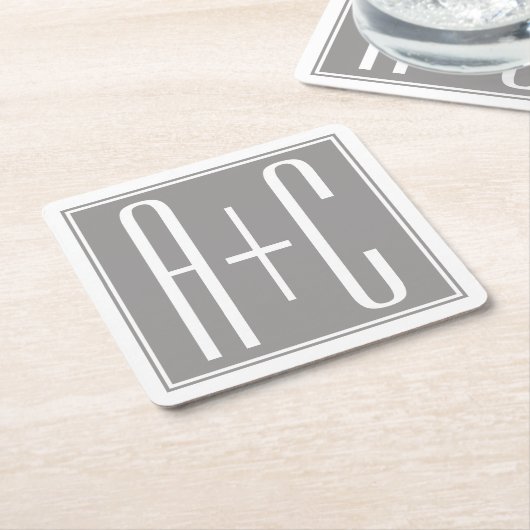 Editable Couples Initials | Weiß & Grau Rechteckiger Pappuntersetzer (angewinkelt)