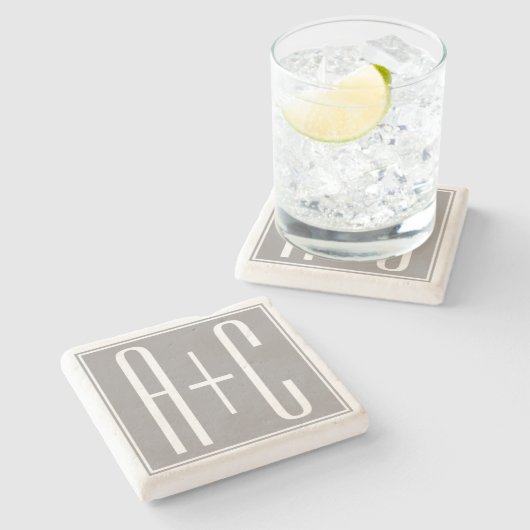 Editable Couples Initials | Weiß & Grau Steinuntersetzer (Seitenansicht)
