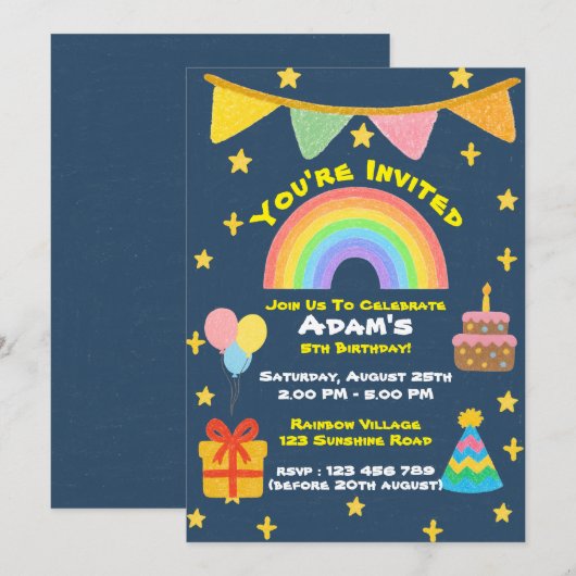 Editable Crayon Style - Rainbow Celebration Fiesta Einladung (Vorne/Hinten)
