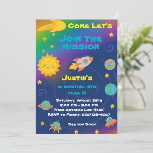 Editable Crayon Style – Solar System Birthday Einladung (Stehend Vorderseite)