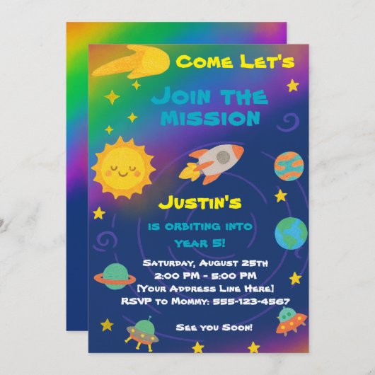 Editable Crayon Style – Solar System Birthday Einladung (Vorne/Hinten)