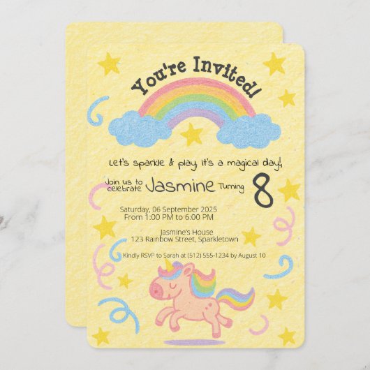 Editable Crayon Style - Unicorn Dream Sparkle Einladung (Vorne/Hinten)