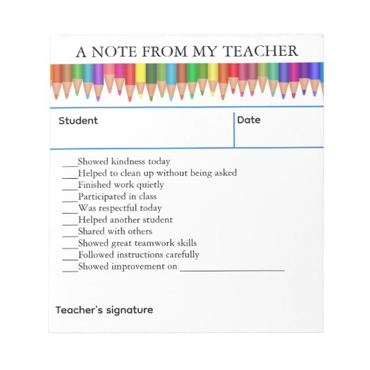 Editable Crayons Positive Note From My Teacher Notizblock (Vorderseite)