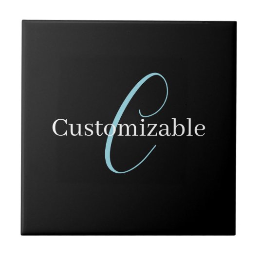 Editable Curry Script Monogram Black White Fliese (Vorderseite)