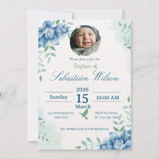 Editable Cute Baby Boy Baptism Einladung (Vorderseite)