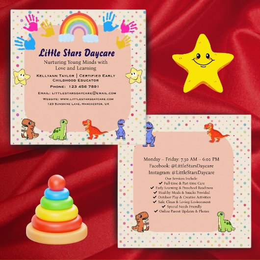 Editable Cute Rainbow Dino Preschool Card Design Quadratische Visitenkarte