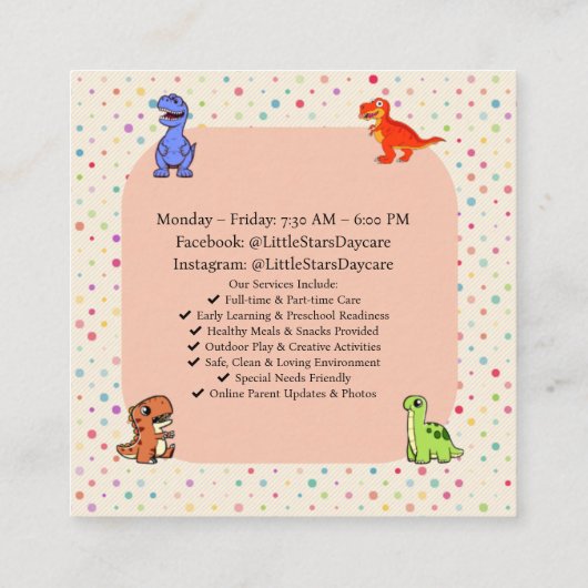 Editable Cute Rainbow Dino Preschool Card Design Quadratische Visitenkarte (Rückseite)