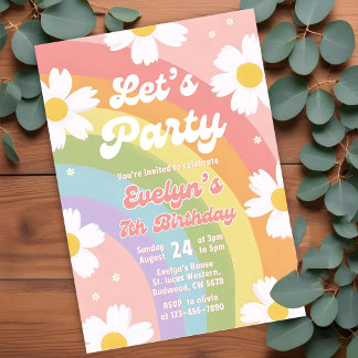 Editable Daisy Pastel Rainbow Birthday Party Girl Einladung