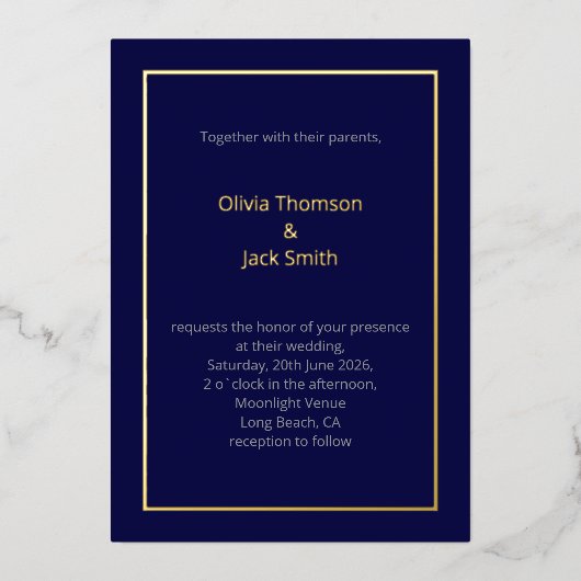 Editable Dark Blue Gold Wedding Foil Invitation Folieneinladung (Vorderseite)