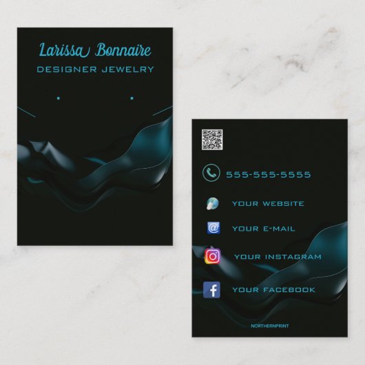 Editable Dark Blue Waves Juwelierkarten Visitenkarte (Vorne/Hinten)