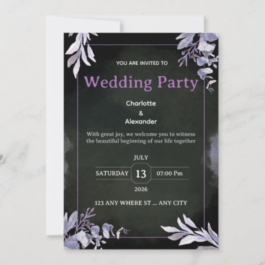 Editable Dark Botanical Wedding Invitation Einladung (Vorderseite)