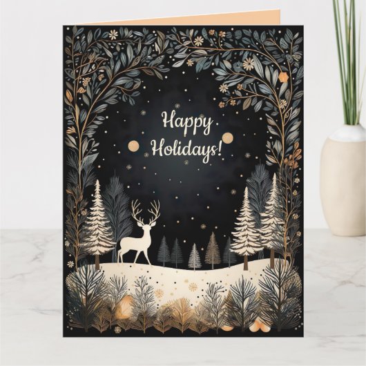 Editable Deer in the Woods Happy Holidays Karte (Vorderseite)