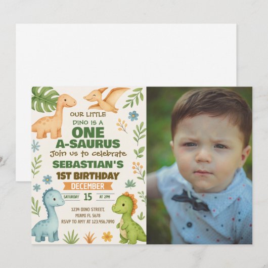 Editable Dino Party Einladung mit Foto (Vorne/Hinten)