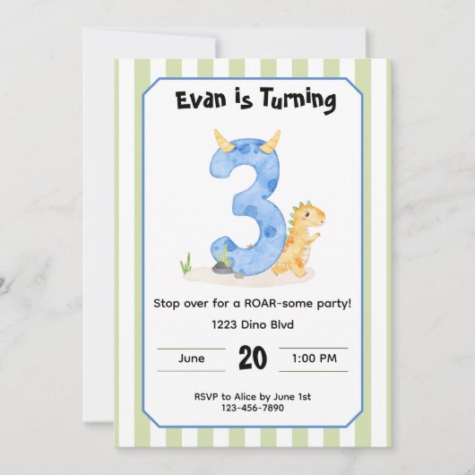 Editable Dinosaur 3rd Birthday Invitation  Einladung (Vorderseite)