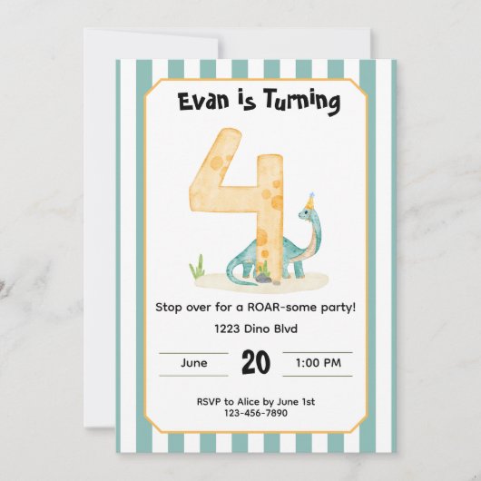 Editable Dinosaur 4th Birthday Invitation  Einladung (Vorderseite)
