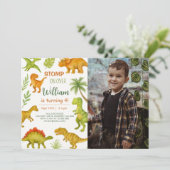 Editable Dinosaur Birthday Party Foto Einladung (Stehend Vorderseite)