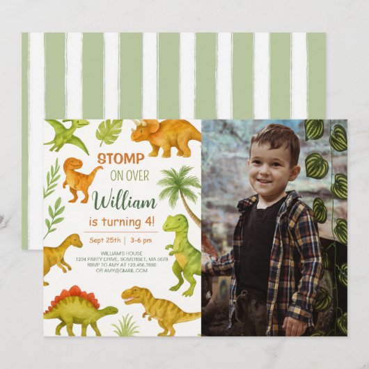 Editable Dinosaur Birthday Party Foto Einladung (Vorne/Hinten)