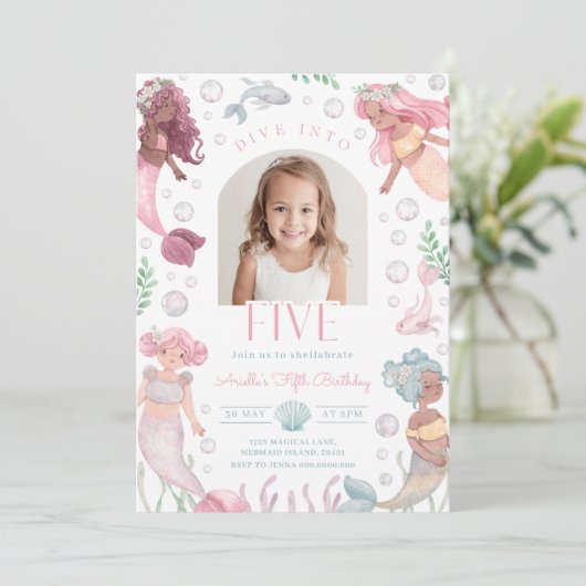 Editable Dive Into Five Mermaid Invitation Einladung (Stehend Vorderseite)