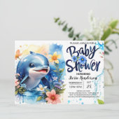 Editable Dolphin Boy Baby Dusche Einladung (Stehend Vorderseite)