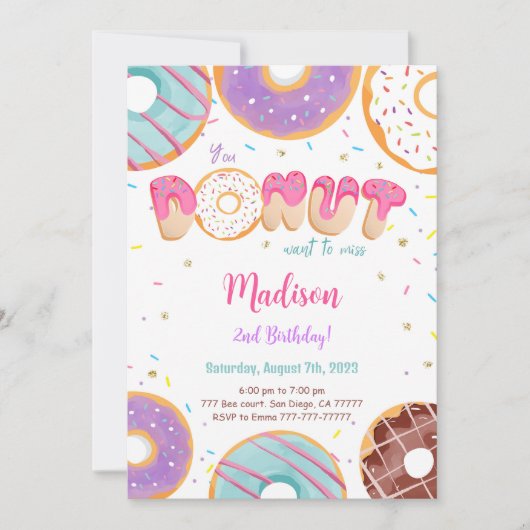 Editable Donut Birthday Party Einladung (Vorderseite)