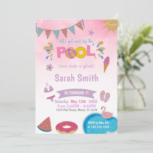 Editable Dreamy Summer Swim Party Einladung für Mä (Stehend Vorderseite)