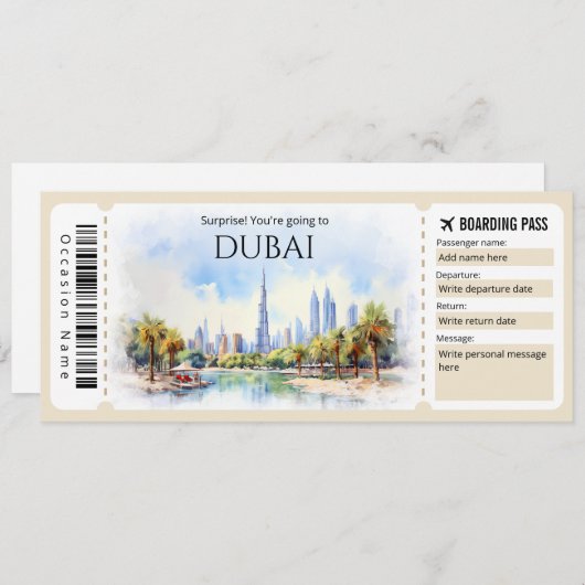 Editable Dubai Boarding Pass Flugzeug Ticket Einladung (Vorne/Hinten)