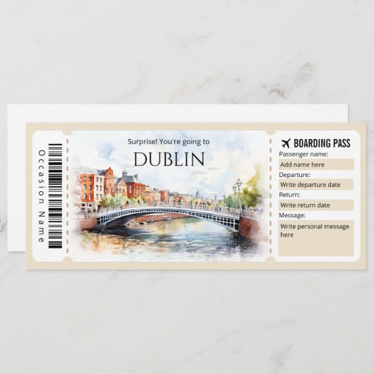 Editable Dublin Boarding Pass Flugzeug Ticket Einladung (Vorne/Hinten)