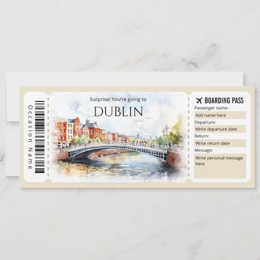 Editable Dublin Boarding Pass Flugzeug Ticket Einladung (Vorderseite)
