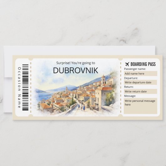 Editable Dubrovnik Flugzeug Ticket, Croatia Trip Einladung (Vorderseite)