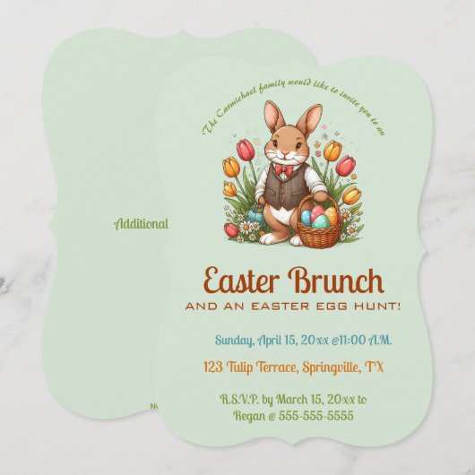 Editable Easter Brunch Egg Hunt Bunny and Tulips Einladung (Vorne/Hinten)