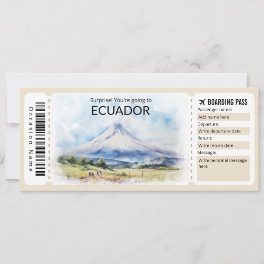 Editable Ecuador Flugzeug Ticket, Ecuador Trip Einladung (Vorderseite)
