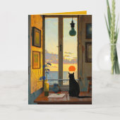 Editable einsame Katze beim Beobachten eines Sonne Karte (Vorderseite)