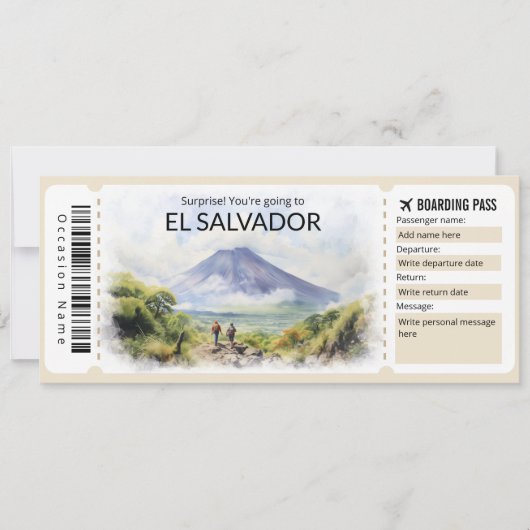 Editable El Salvador Flugzeug Ticket, Salvador Tri Einladung (Vorderseite)