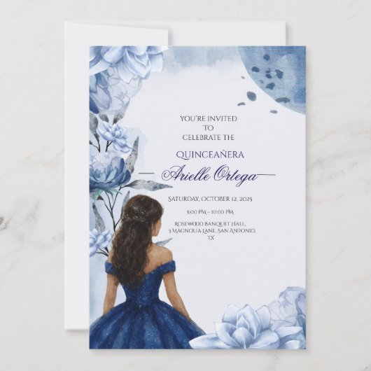 Editable Elegant Blue Quinceñera Einladung (Vorderseite)